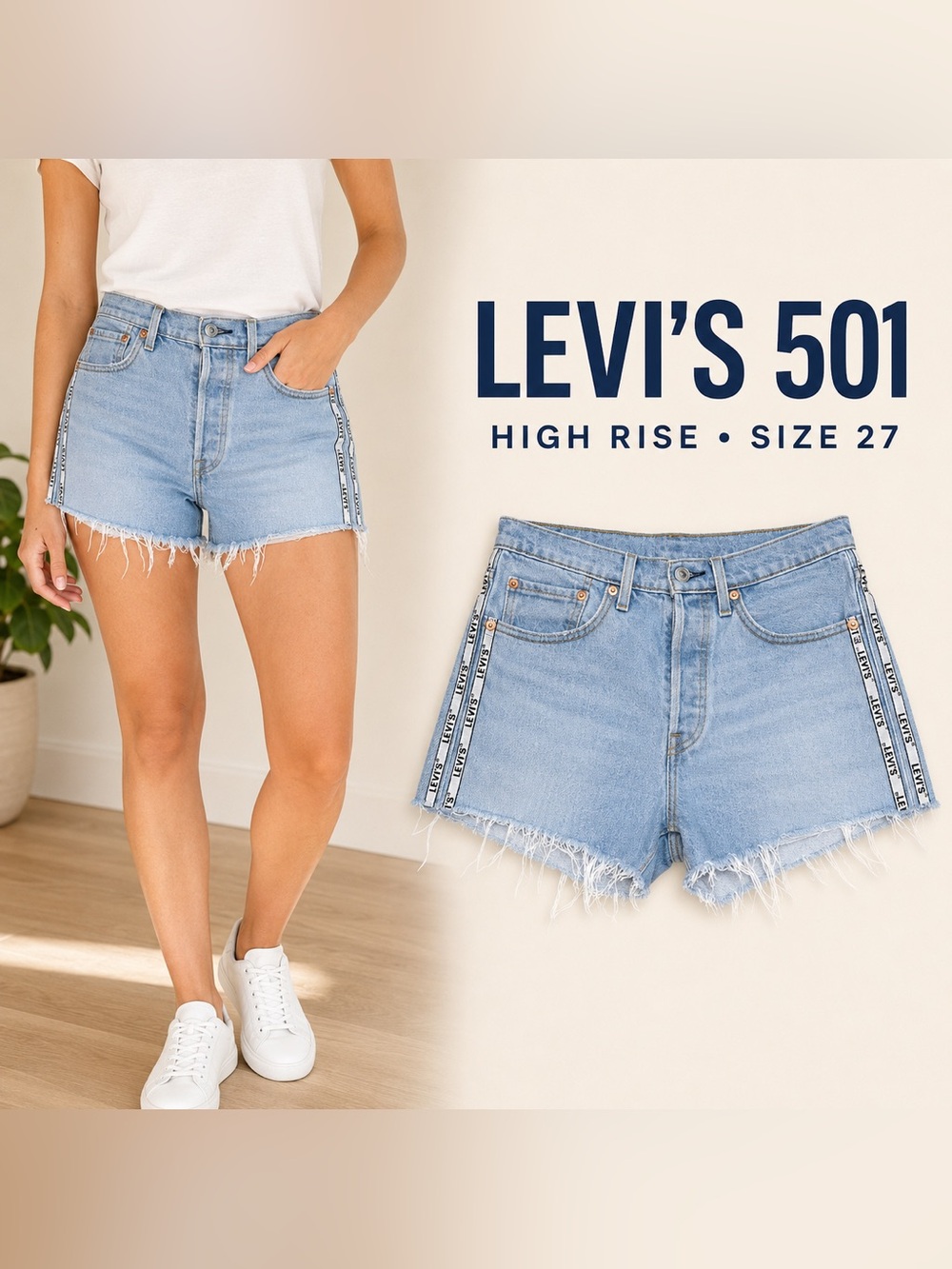 Levi’s 501 High Rise Logo Tape Cutoff Denim Shorts Size 27